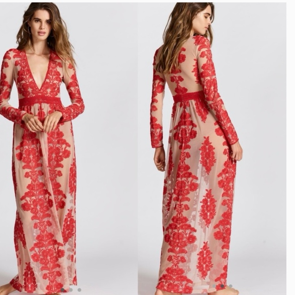 For Love And Lemons Red Tan Long Sleeve Temecula Maxi Size Small $200